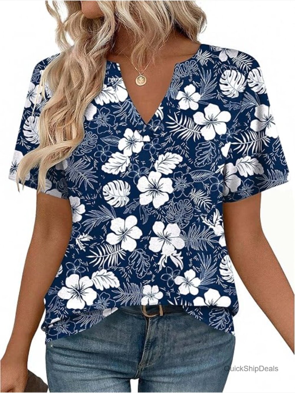 Short Sleeve V-Neck Tunic Blouse in Polyester Spandex